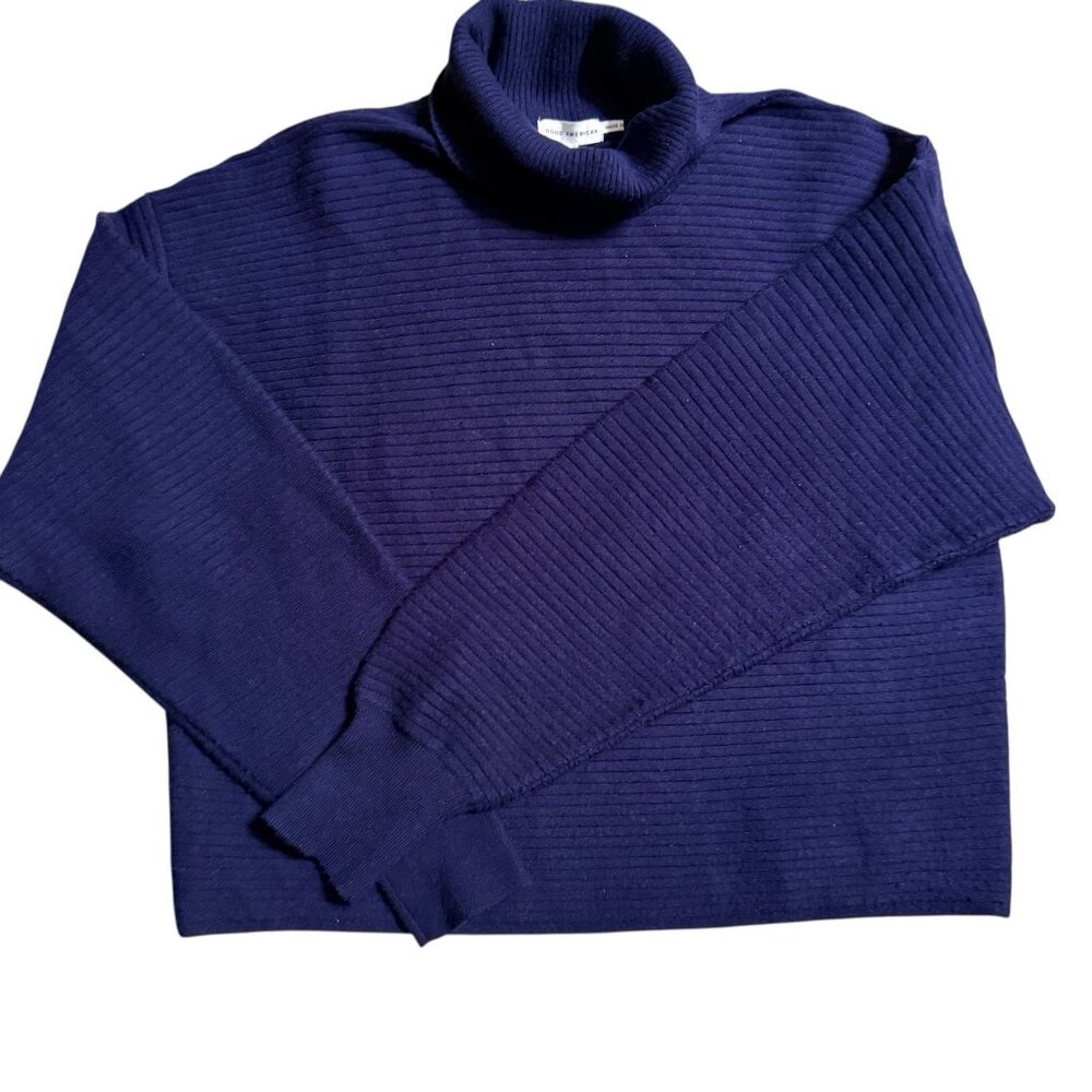 Good American Wide Rib Cropped Turtleneck Sweater in Blue Rinse Size 1 (Small) - Picture 4 of 5